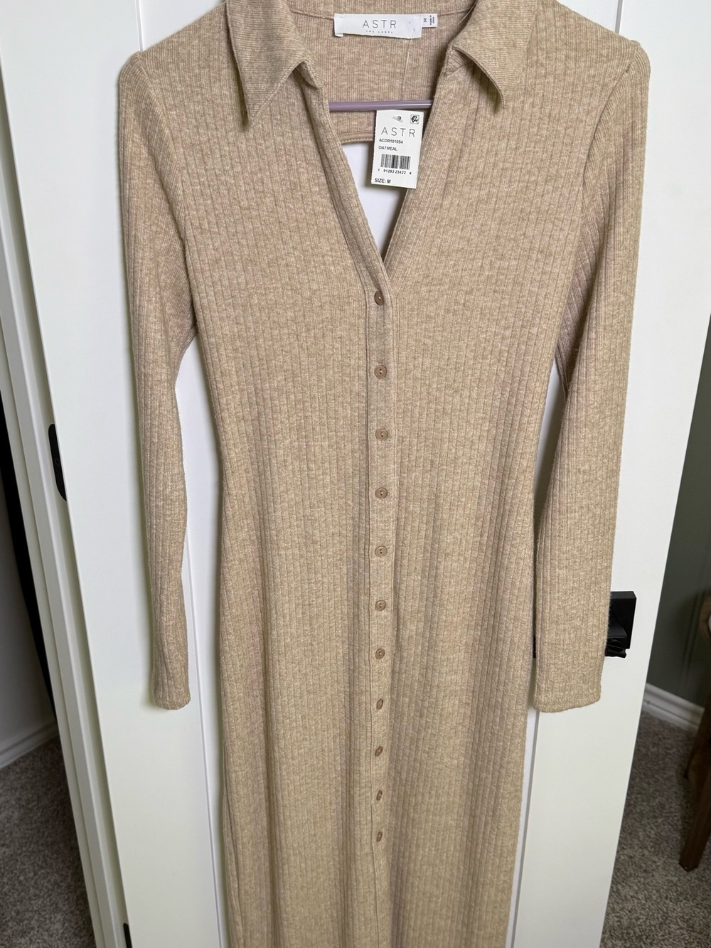 Astr Ribbed Long-Sleeve Button-Front Maxi Dress in Beige